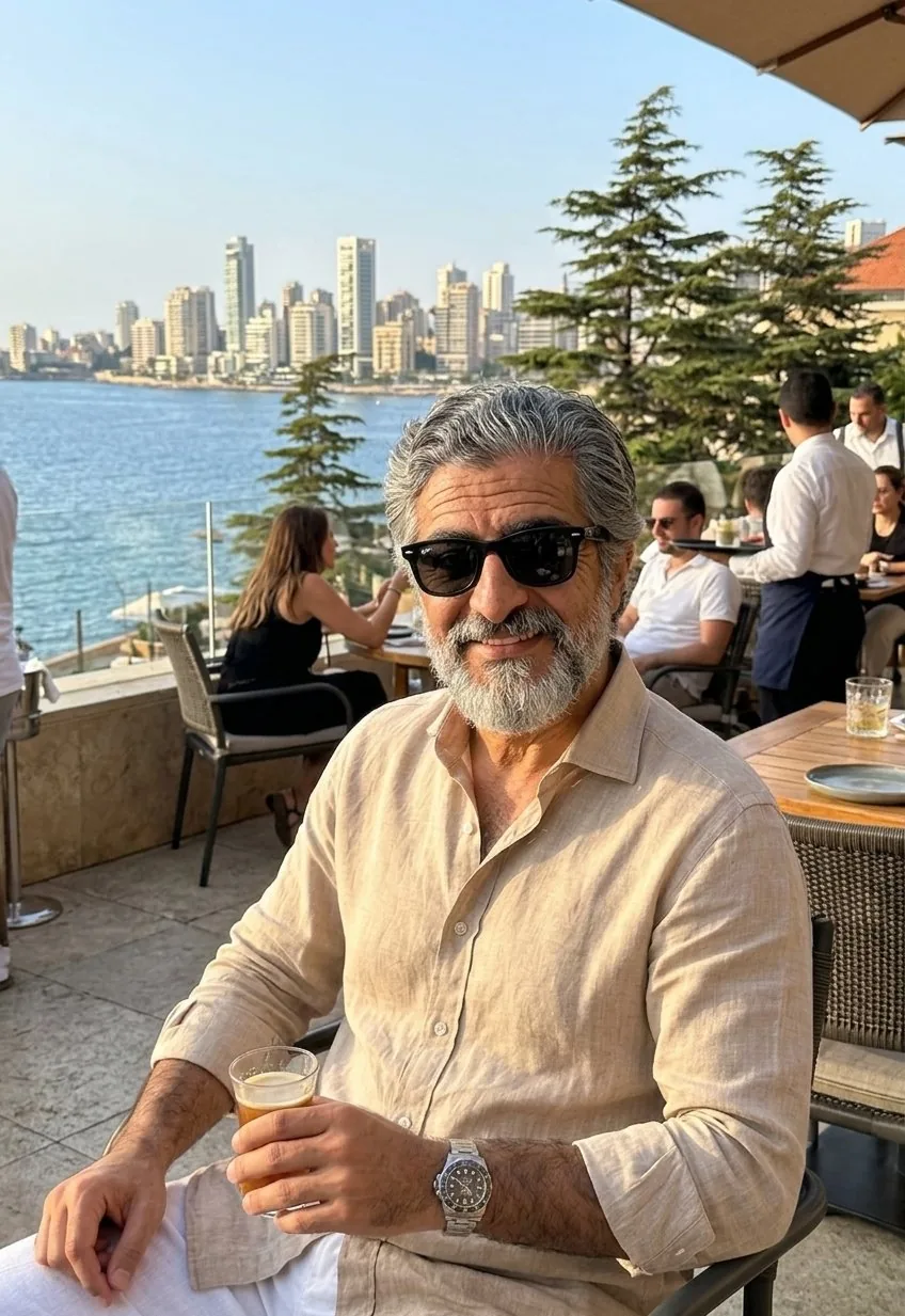 والد سلطان راشد عبدالله راشد الشين، الذي بدأ العمل العائلي في التسعينيات، على شرفة مطلة على الماء